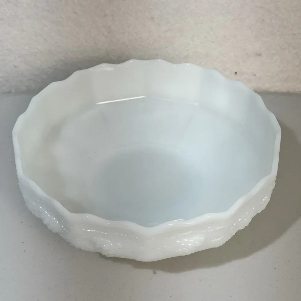 Anchor Hocking Fire King White Milk Glass Harvest Grapevine Footed Fruit Bowl